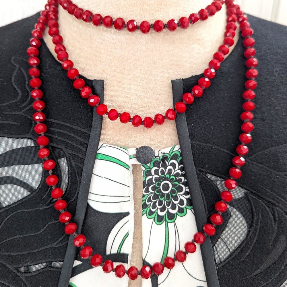 Red Crystal Beaded Necklace Layered Hand Knotted Art Deco Flapper Style Jewelry